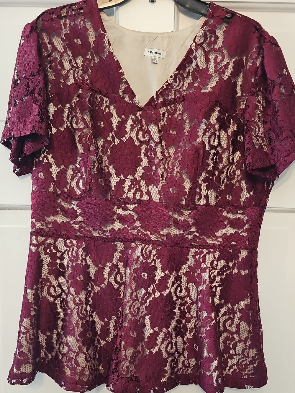 J. Peterman Burgundy Lace Peplum Blouse